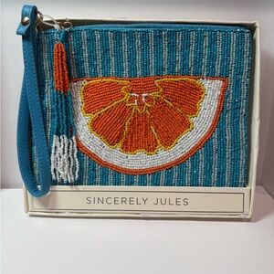 Sincerely Jules Beaded Orange Slice Wristlet Clutch Turquoise Summer Bag NIB